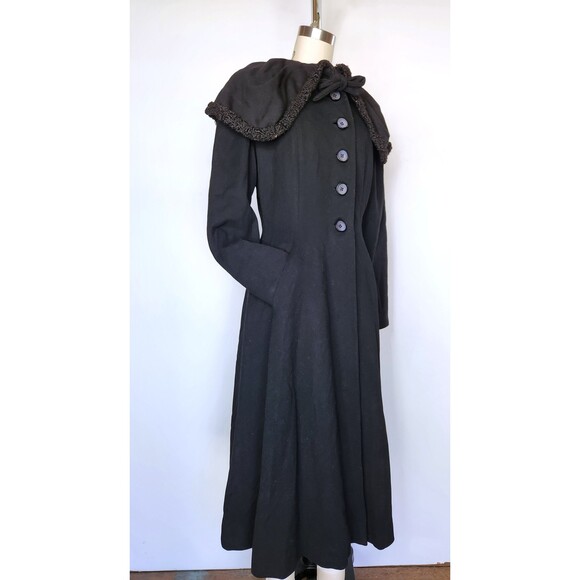 40s 50s Black WOOL Princess Coat w Large Collar Fit and Flare Wasp Waist Coat XS - Picture 7 of 10